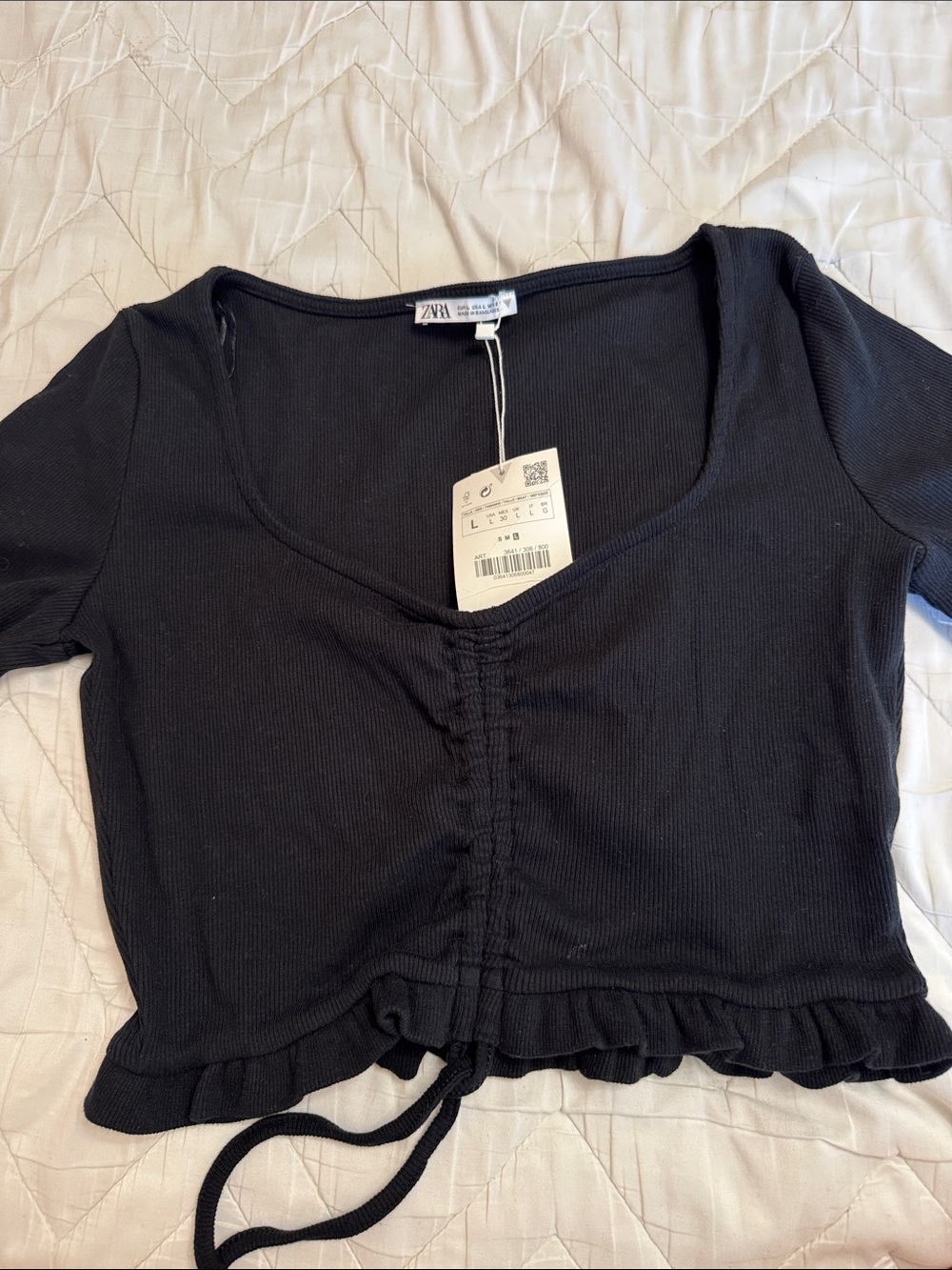 ZARA Black Ribbed Ruched Tie-Front Crop Top